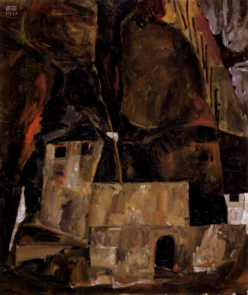 Wall and house and terrain with fence by Schiele
